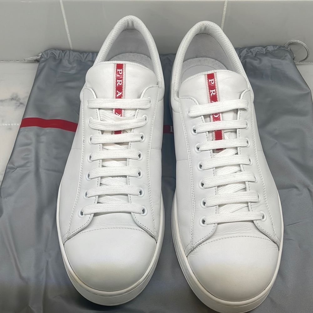 PRADA MENS white leather sneakers- size 12